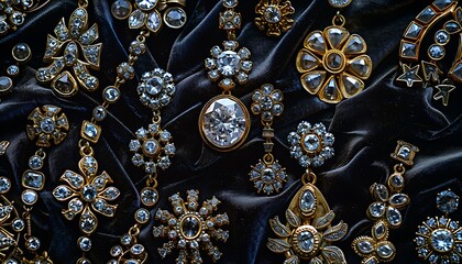 Obraz premium Diamond and Gold Jewelry on Black Silk