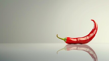 A chili pepper on a white surface with its reflection, highlighting its vibrant color and glossy texture.