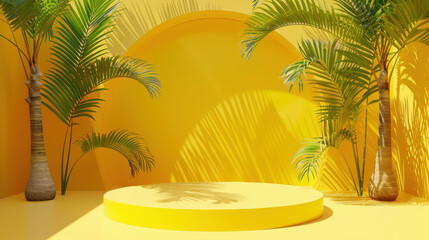 Obraz premium Bright yellow podium for product presentation in a 3D summer environment, adorned with tropical palm fronds and minimalistic design