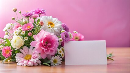 Soft focus pink background adorned with delicate colorful flowers and a blank white greeting card awaiting sentimental message.