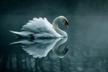 Naklejka premium This enchanting image showcases an elegant swan reflected perfectly on the calm surface of a misty lake, epitomizing grace and tranquility in nature's serene moments.