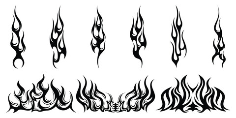 Silhouette Fire flames. Old school tattoo neo-tribal style or silhouette flame for cars. set vector icons. Fire sign. Fire flame icon isolated on white background. Vector illustration  © THETO STUDIO