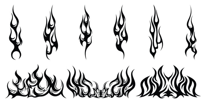 Silhouette Fire flames. Old school tattoo neo-tribal style or silhouette flame for cars. set vector icons. Fire sign. Fire flame icon isolated on white background. Vector illustration	