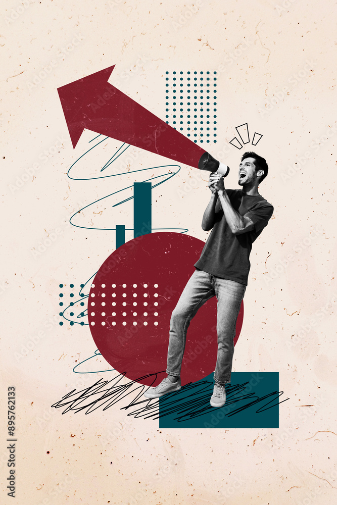 Poster trend artwork composite sketch image photo collage of workspace young man trader businessman work ha