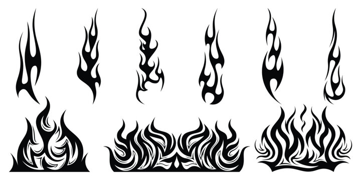 Silhouette Fire flames. Old school tattoo neo-tribal style or silhouette flame for cars. set vector icons. Fire sign. Fire flame icon isolated on white background. Vector illustration	