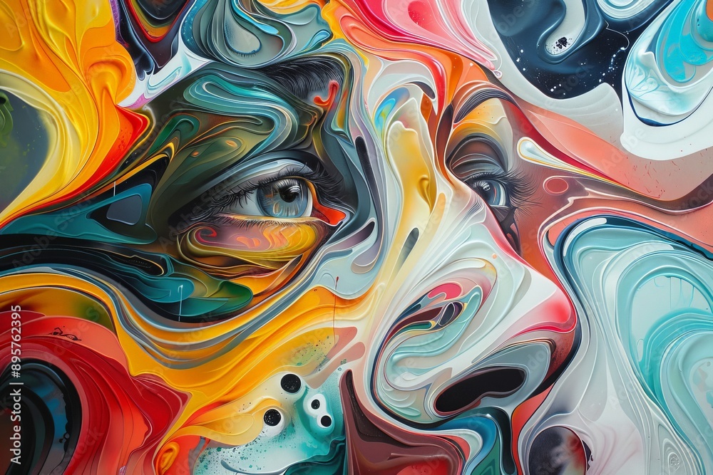 Poster This abstract artwork depicts faces within a colorful mix of swirling and fluid forms, symbolizing complex human emotions and the interplay of identity and perception.