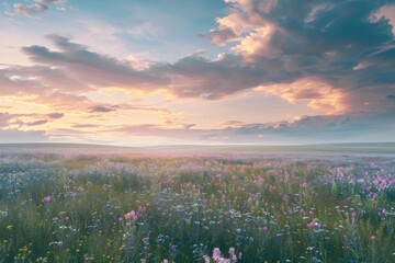A breathtaking scene of a field filled with vibrant wildflowers under a colorful and dramatic sky at sunrise, capturing the rebirth and renewal of nature in spring. © ChaoticMind