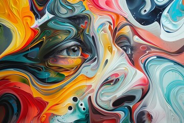 This abstract artwork depicts faces within a colorful mix of swirling and fluid forms, symbolizing complex human emotions and the interplay of identity and perception.