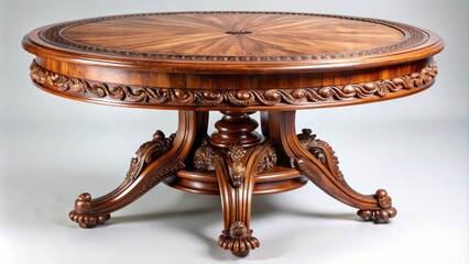 Richly polished wooden round table boasts intricate carvings and ornate legs, exuding sophistication and refinement in any setting.