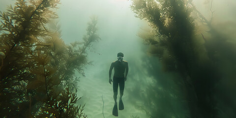 Fototapeta premium Uncharted Depths of Resilience: A lone figure swimming through murky waters, surrounded by a haze of underwater plant life.