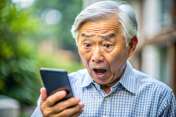 Obraz premium Nervous confused elderly senior asian man stressed worried with smartphone. Frustrated grandpa having problem with paying, buying online and payments. Internet fraud or scams 