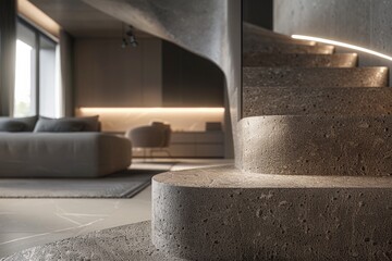 A modern concrete spiral staircase with a sleek design located in a contemporary, stylish interior space featuring minimal furniture and subtle lighting accents.