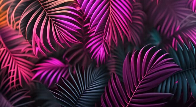 Trendy Balinese-style summer background, colorful leaves, artistic video wallpapers with palm leaves. Summer colors, botanical tropical leaves, sunlight and shadows.