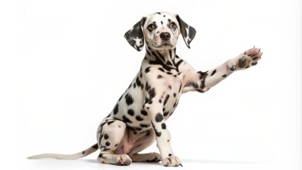 Adorable young Dalmatian puppy with distinctive white and black spots standing on hind legs pawing upwards on isolated white background.