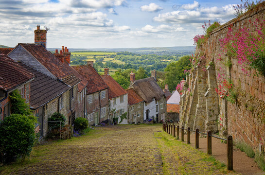 Hovis Hill from the advert for bread this is the romantic view of Gold Hill Shaftesbury Dorset UK