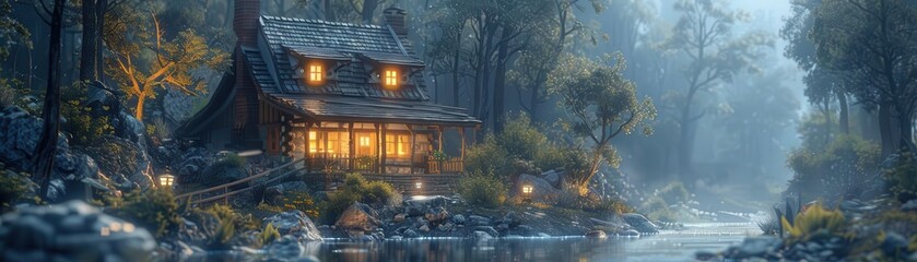 Fototapeta premium A serene cabin by a river, surrounded by lush trees and gentle mist, capturing the tranquility of nature's beauty.