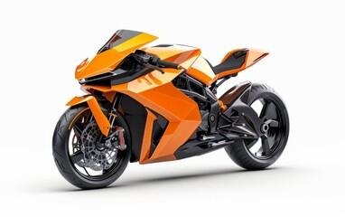 Motorcycle, orange body color, black wheels isolated in white