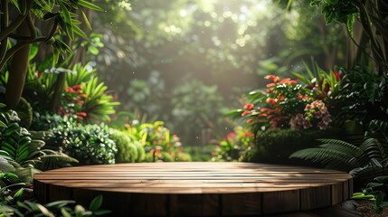 Fototapeta premium A serene forest scene featuring a wooden platform surrounded by lush plants and gentle sunlight filtering through the trees.