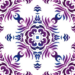 Gorgeous seamless purple floral watercolor pattern oriental tiles Turkish ornament. Portuguese style ceramic tile design.