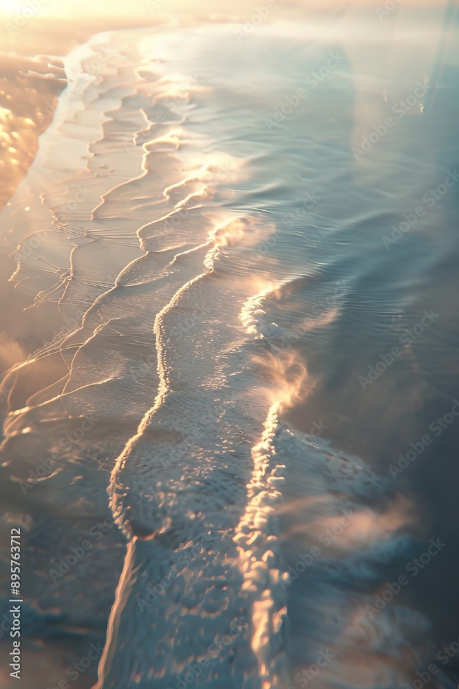 Poster a mesmerizing aerial view captures a serene coastline bathed in golden light and caressed by gentle 