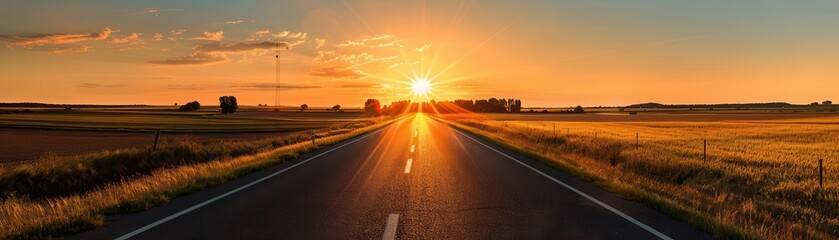 A picturesque sunset over fields adjacent to a tranquil highway, symbolizing peaceful coexistence between nature and infrastructure