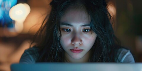 A woman sits in front of a laptop screen, focused on the digital display