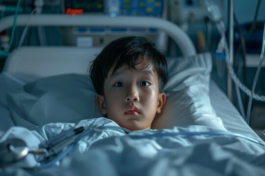 A young boy is lying in a hospital bed with a serious, concerned look. The surrounding medical equipment emphasizes the clinical and healthcare environment.