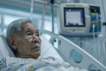 Obraz premium A hospital scene showing an elderly patient in bed, connected to a medical monitor, depicting a realistic healthcare setting focused on patient well-being and medical care.