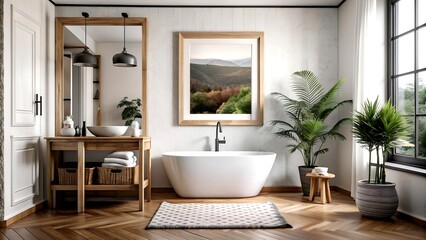 Bohemian Oasis: A Modern Wooden Frame with a Black and White Photograph in a Boho Bathroom