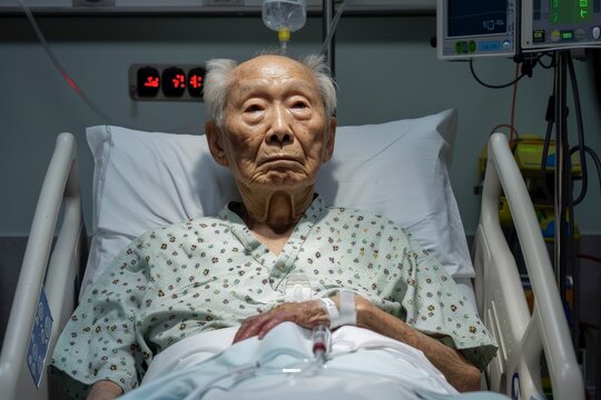 An elderly man lies in a hospital bed, receiving medical care. He has a solemn expression, and surrounding medical devices highlight the hospital setting and patient care.