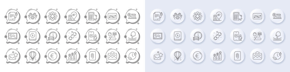 Calculator alarm, Air balloon and Charging time line icons. White pin 3d buttons, chat bubbles icons. Pack of Execute, Food delivery, Favorite icon. Vector