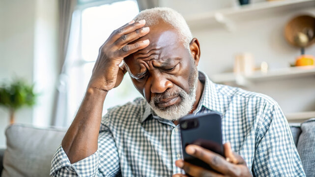 Nervous confused elderly senior afro man stressed worried with smartphone. Frustrated black grandpa having problem with paying, buying online and payments. Internet fraud or scams 