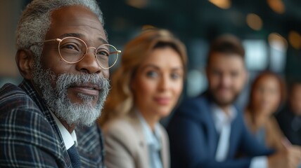 Business team in a meeting; focused gray-haired man in glasses smiling, colleagues in background.