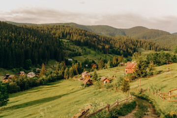 Fototapeta premium Traveling to the mountains in summer. Summer holiday in an authentic mountain village in summer.