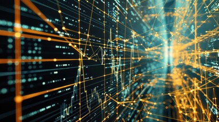 Naklejka premium high-definition image of a sophisticated algorithm used in capital markets, displayed as an intricate network of lines and nodes on a digital screen