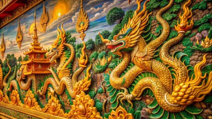 Intricate hand-painted golden dragons adorn ancient temple walls amidst vibrant orange and green hues in a Thai cultural masterpiece scene.