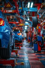 Fototapeta premium Modern car on lift in auto service suspension and exhaust focus with text space