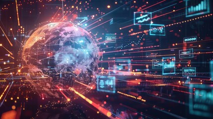 Obraz premium high-definition scene of a glowing digital globe surrounded by floating budget symbols, illustrating global financial planning