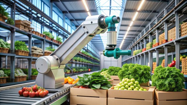 Robotic arm guides organic vegetables into eco-friendly packaging as holographic display scans and tracks products in high-tech manufacturing facility.