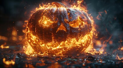 Eerie burning pumpkin head with unsettling grin, perfect for text overlay in image