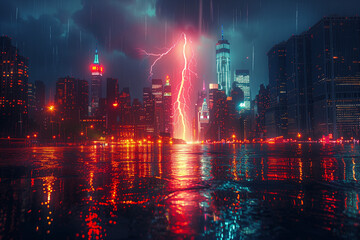 Fototapeta premium Lightning Storm Flashing Over a Neon-Lit Metropolis: Urban Energy Unleashed