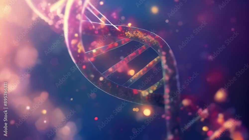 Aufkleber Close-up view of a DNA double helix with glowing particles and bokeh effect. Genetics and molecular biology concept, representing genetic research and biotechnology 