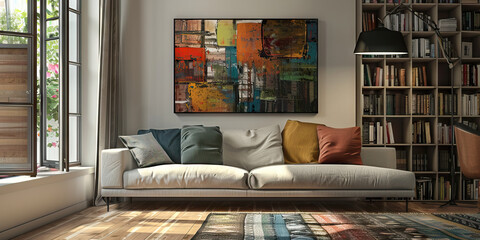 Art of Finance: A modern canvas print hangs above a cozy reading nook filled with investment strategy guides