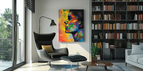 Art of Finance: A modern canvas print hangs above a cozy reading nook filled with investment strategy guides