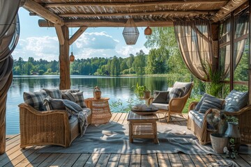 Fototapeta premium Tranquil lakeside patio with comfortable wicker furniture and cozy cushions, providing a relaxing retreat by the water.
