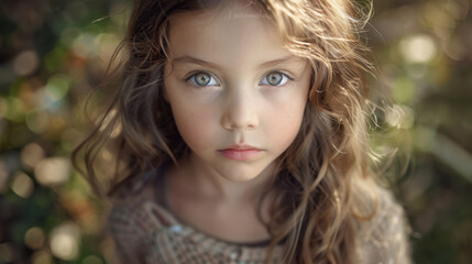 Fototapeta premium Close-up of a young girl with striking green eyes and long, wavy hair, looking directly at the camera.