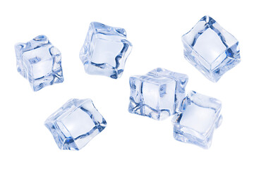 Many ice cubes in air isolated on white background, Artificial acrylic ice cubes