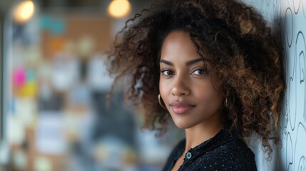 Woman with curly hair and hoop earrings smiling confidently indoors against a blurred background.