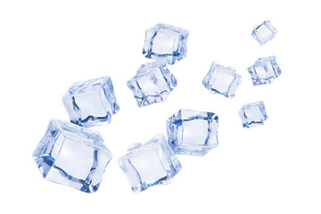 Many ice cubes in air isolated on white background, Artificial acrylic ice cubes