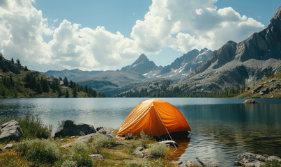tent on the lake with mountains in the background
